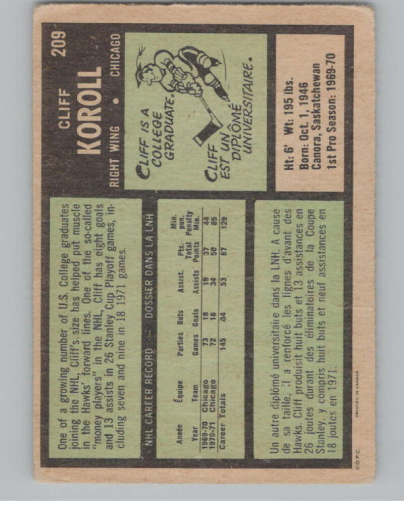 1971-72 O-Pee-Chee #209 Cliff Koroll  Chicago Blackhawks  V99043 Image 2