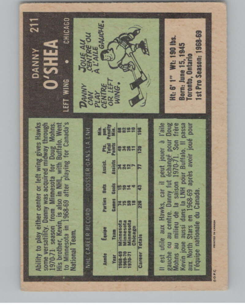 1971-72 O-Pee-Chee #211 Danny O'Shea  Chicago Blackhawks  V99045 Image 2