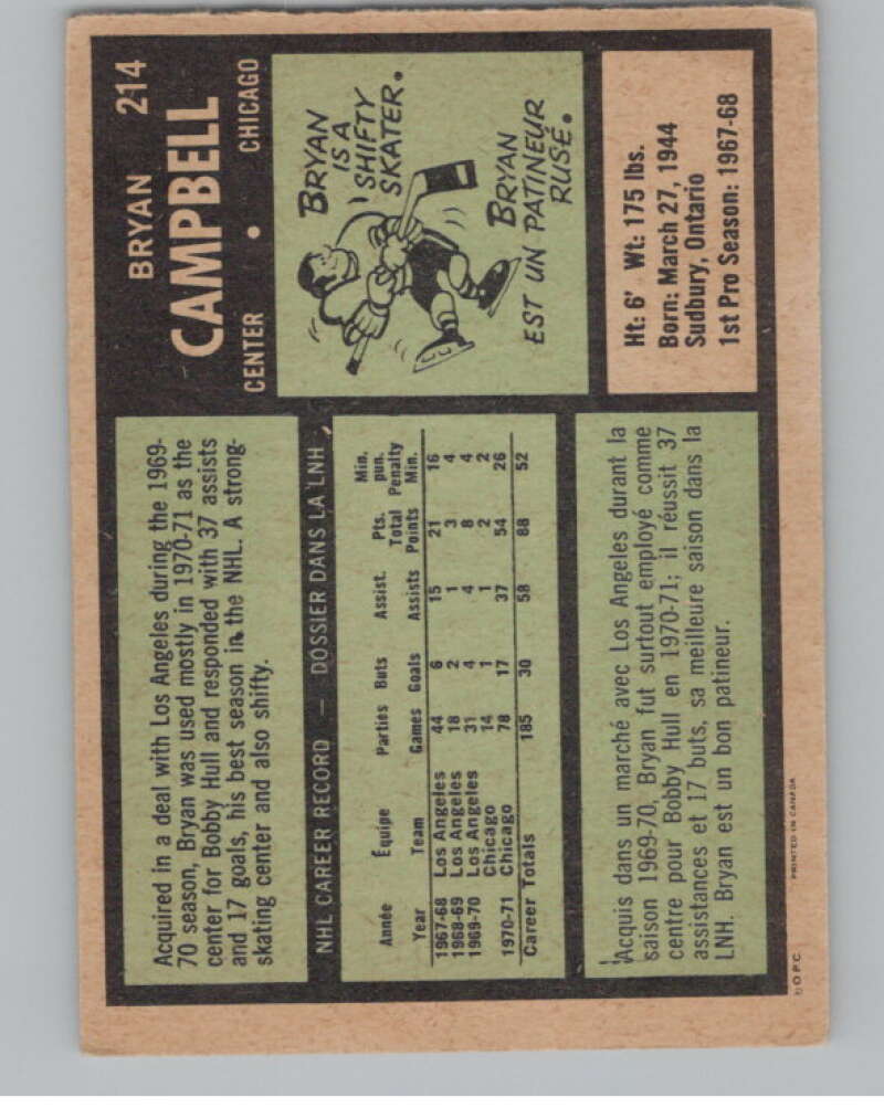 1971-72 O-Pee-Chee #214 Bryan Campbell  Chicago Blackhawks  V99047 Image 2