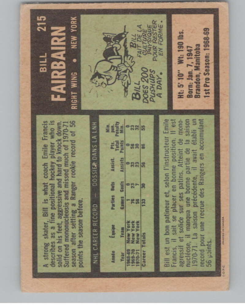 1971-72 O-Pee-Chee #215 Bill Fairbairn  RC Rookie Rangers  V99048 Image 2