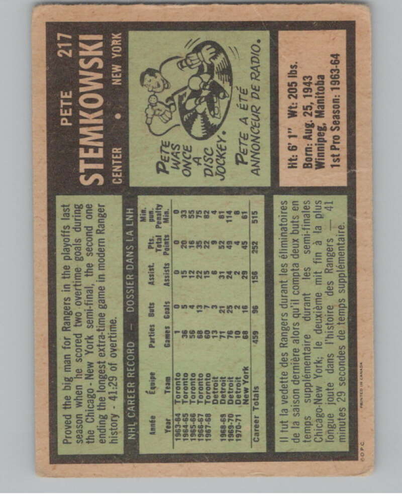 1971-72 O-Pee-Chee #217 Pete Stemkowski  New York Rangers  V99050 Image 2