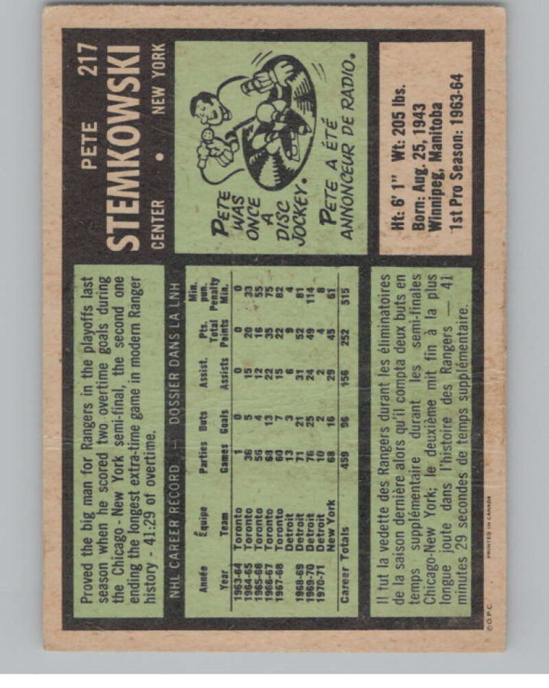 1971-72 O-Pee-Chee #217 Pete Stemkowski  New York Rangers  V99051 Image 2