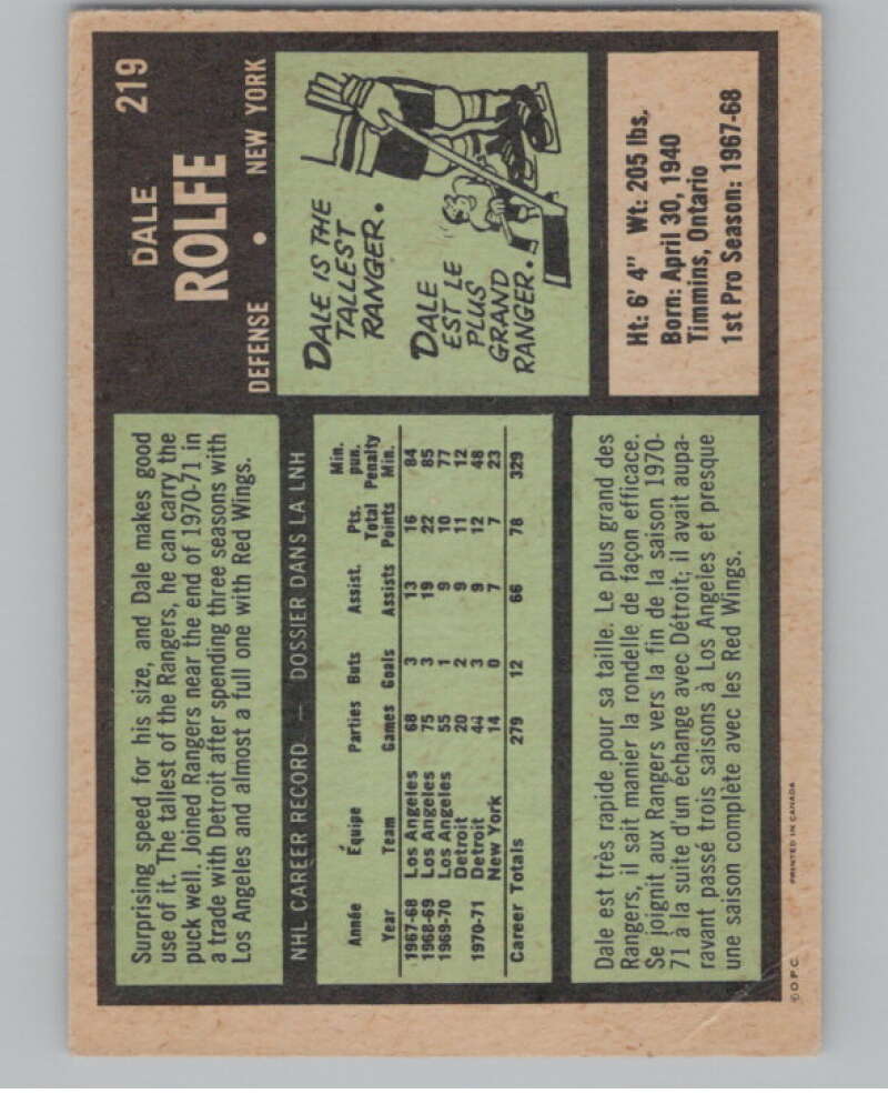 1971-72 O-Pee-Chee #219 Dale Rolfe  New York Rangers  V99052 Image 2