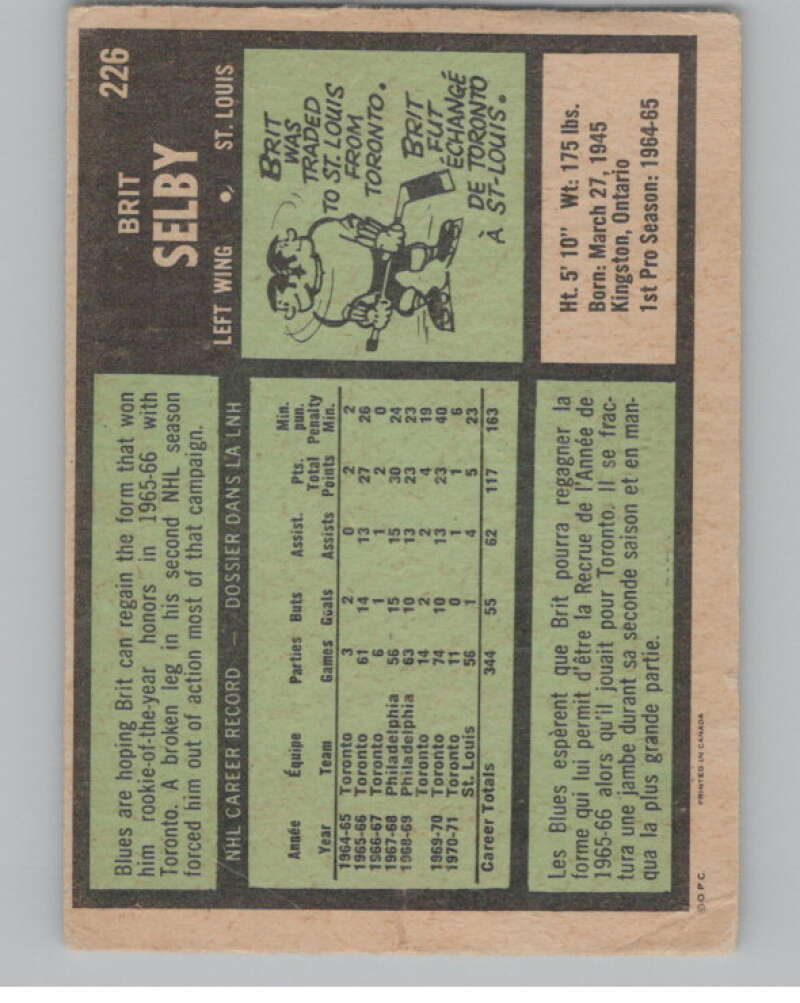 1971-72 O-Pee-Chee #226 Brit Selby  St. Louis Blues  V99055 Image 2