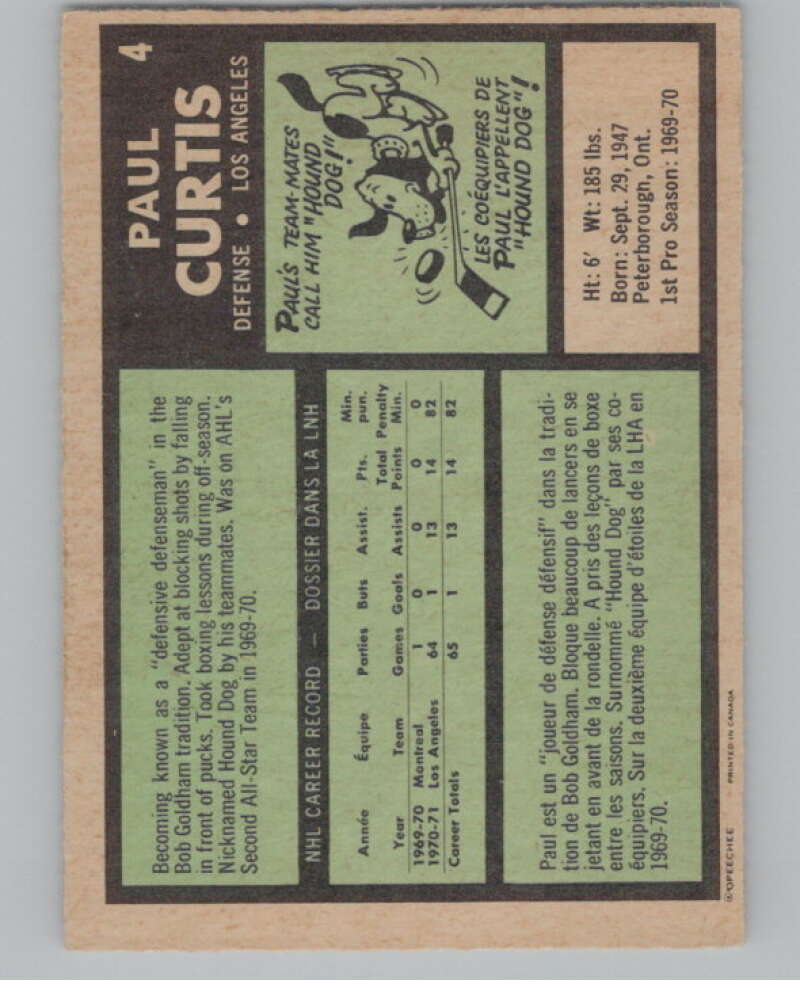 1971-72 O-Pee-Chee #4 Paul Curtis  RC Rookie Kings  V99067 Image 2