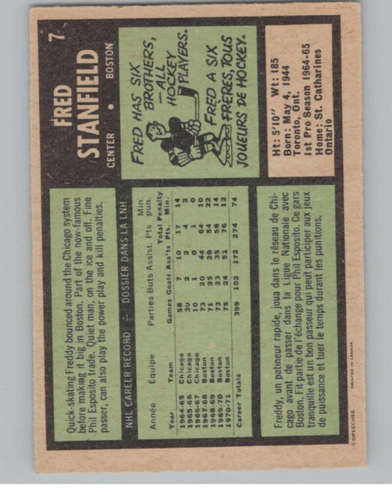 1971-72 O-Pee-Chee #7 Fred Stanfield  Boston Bruins  V99068 Image 2