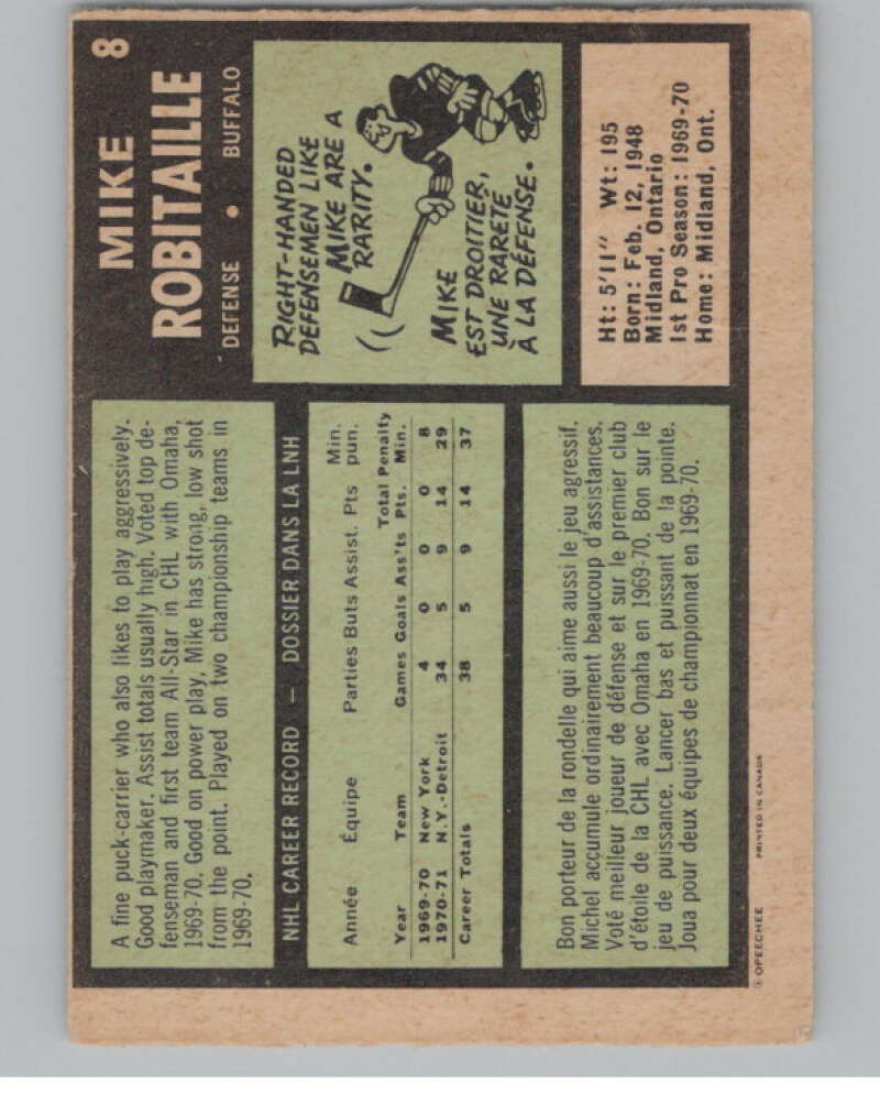 1971-72 O-Pee-Chee #8 Mike Robitaille  RC Rookie Buffalo Sabres  V99069 Image 2