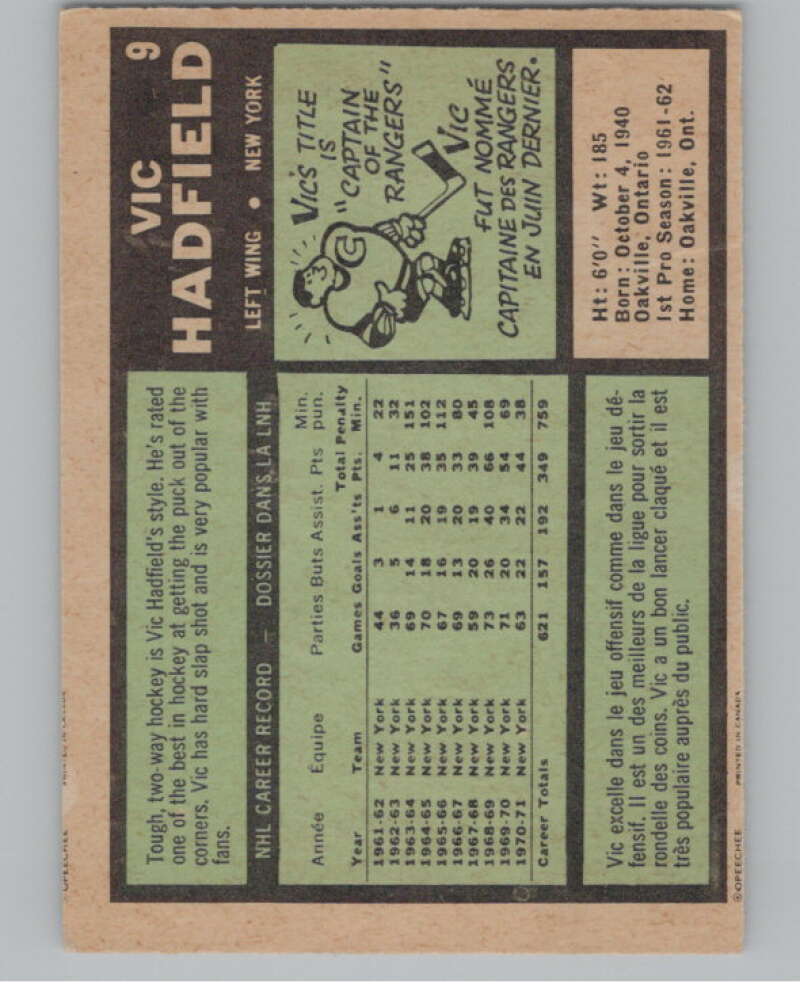 1971-72 O-Pee-Chee #9 Vic Hadfield  New York Rangers  V99070 Image 2