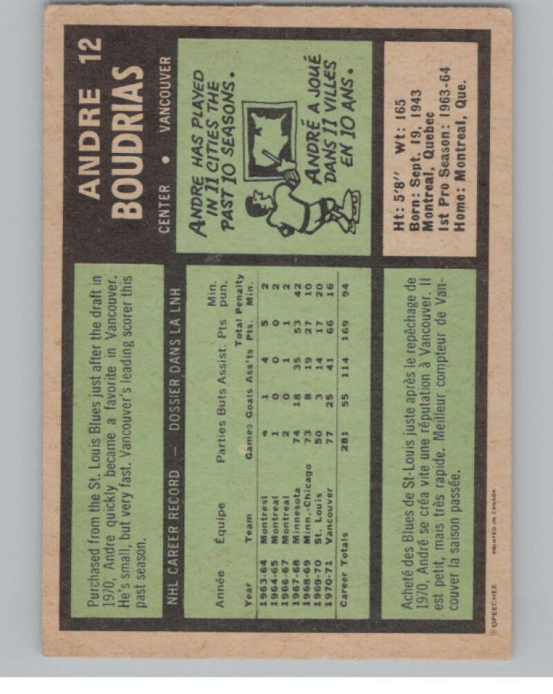 1971-72 O-Pee-Chee #12 Andre Boudrias  Vancouver Canucks  V99072 Image 2