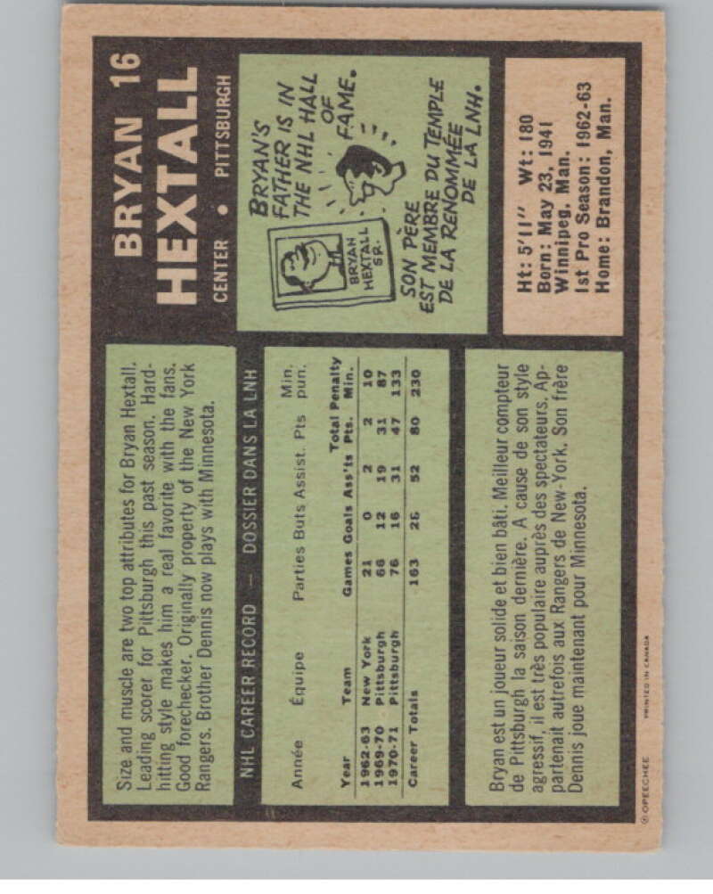 1971-72 O-Pee-Chee #16 Bryan Hextall  Pittsburgh Penguins  V99075 Image 2
