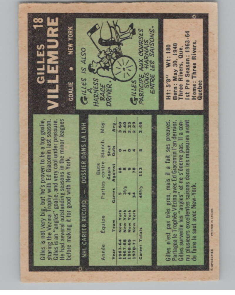 1971-72 O-Pee-Chee #18 Gilles Villemure  New York Rangers  V99077 Image 2