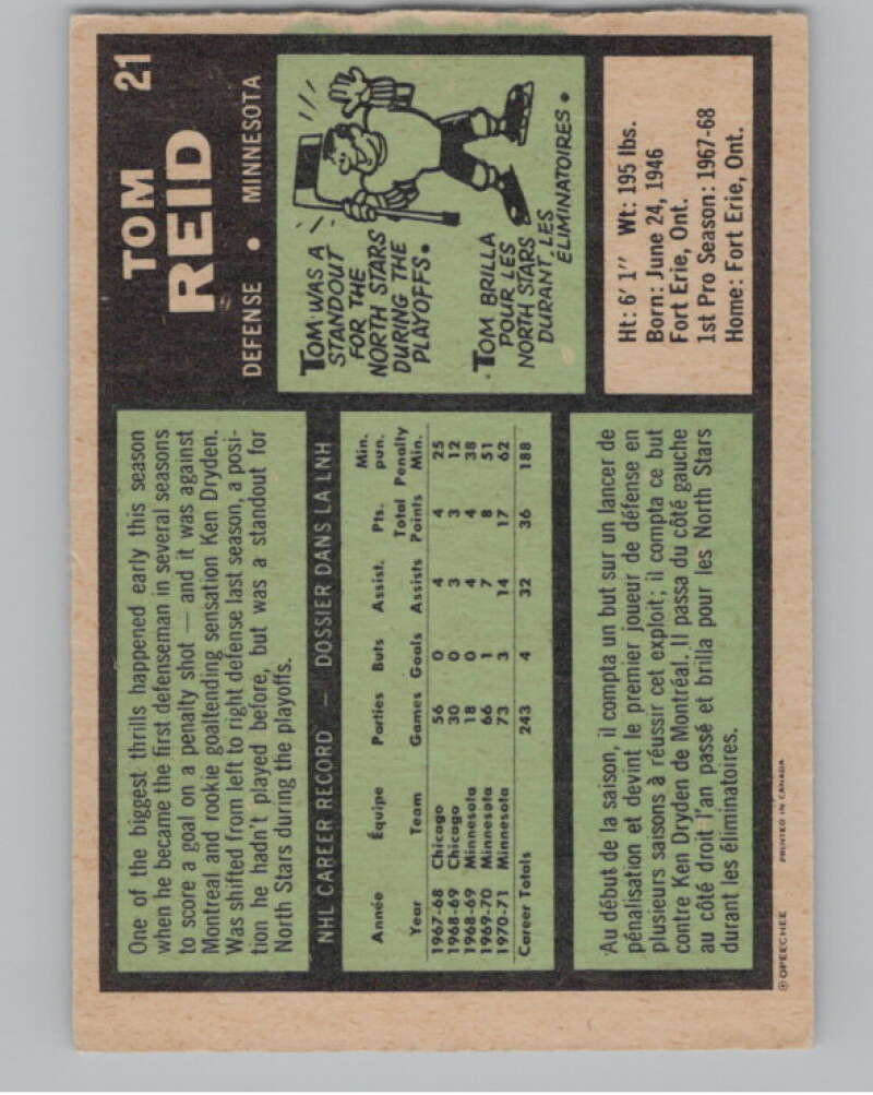 1971-72 O-Pee-Chee #21 Tom Reid  Minnesota North Stars  V99079 Image 2