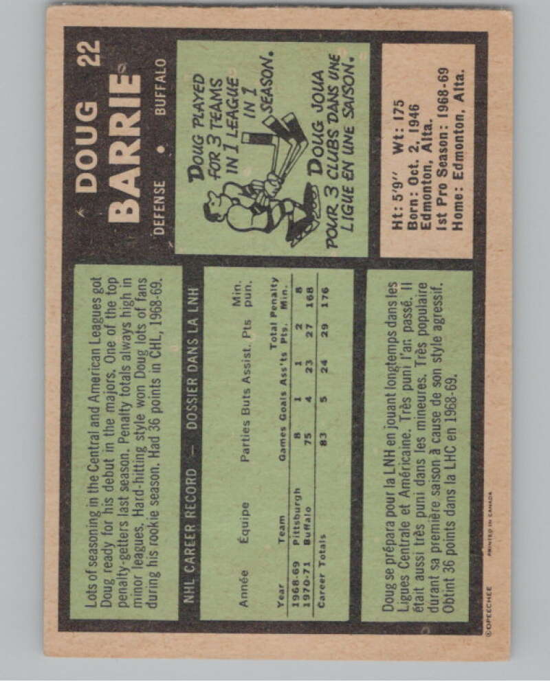 1971-72 O-Pee-Chee #22 Doug Barrie  RC Rookie Buffalo Sabres  V99080 Image 2
