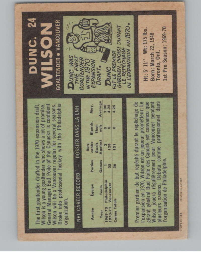 1971-72 O-Pee-Chee #24 Dunc Wilson RC Rookie Vancouver Canucks  V99082 Image 2
