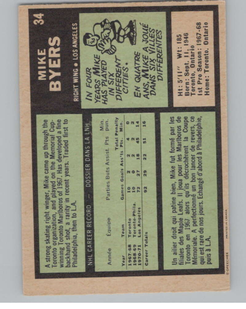 1971-72 O-Pee-Chee #34 Mike Byers  Los Angeles Kings  V99088 Image 2