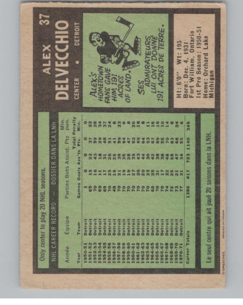 1971-72 O-Pee-Chee #37 Alex Delvecchio  Detroit Red Wings  V99090 Image 2