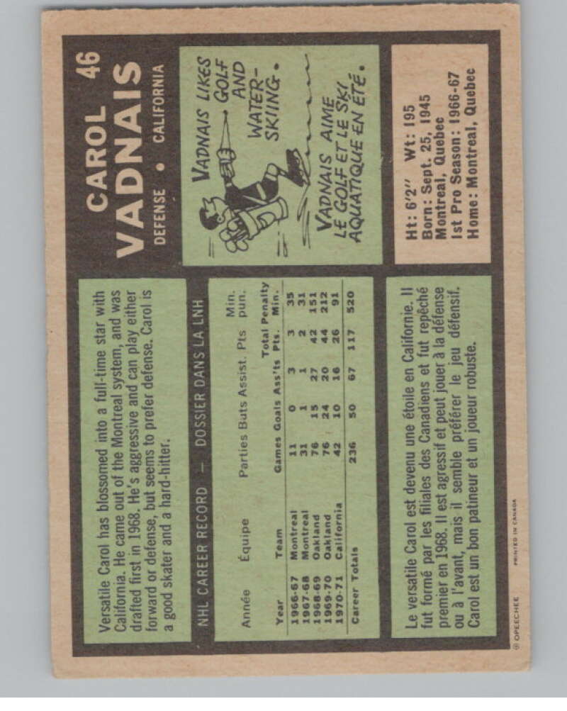 1971-72 O-Pee-Chee #46 Carol Vadnais  California Golden Seals  V99094 Image 2