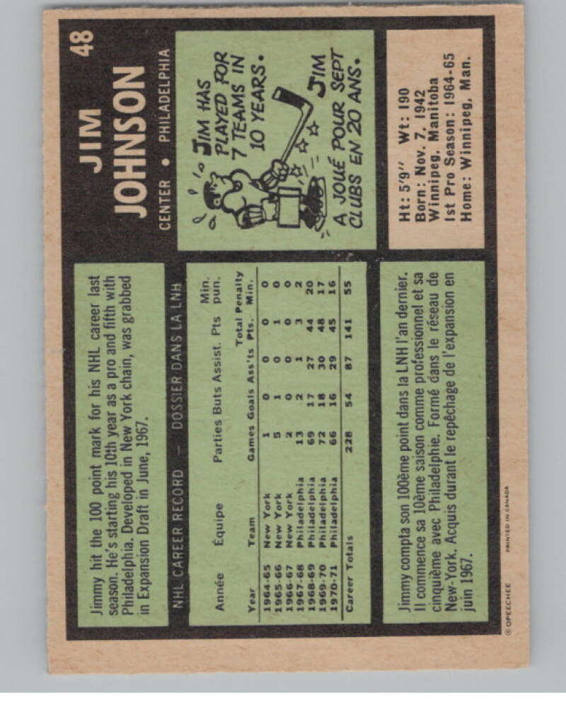 1971-72 O-Pee-Chee #48 Jim Johnson  Philadelphia Flyers  V99096 Image 2