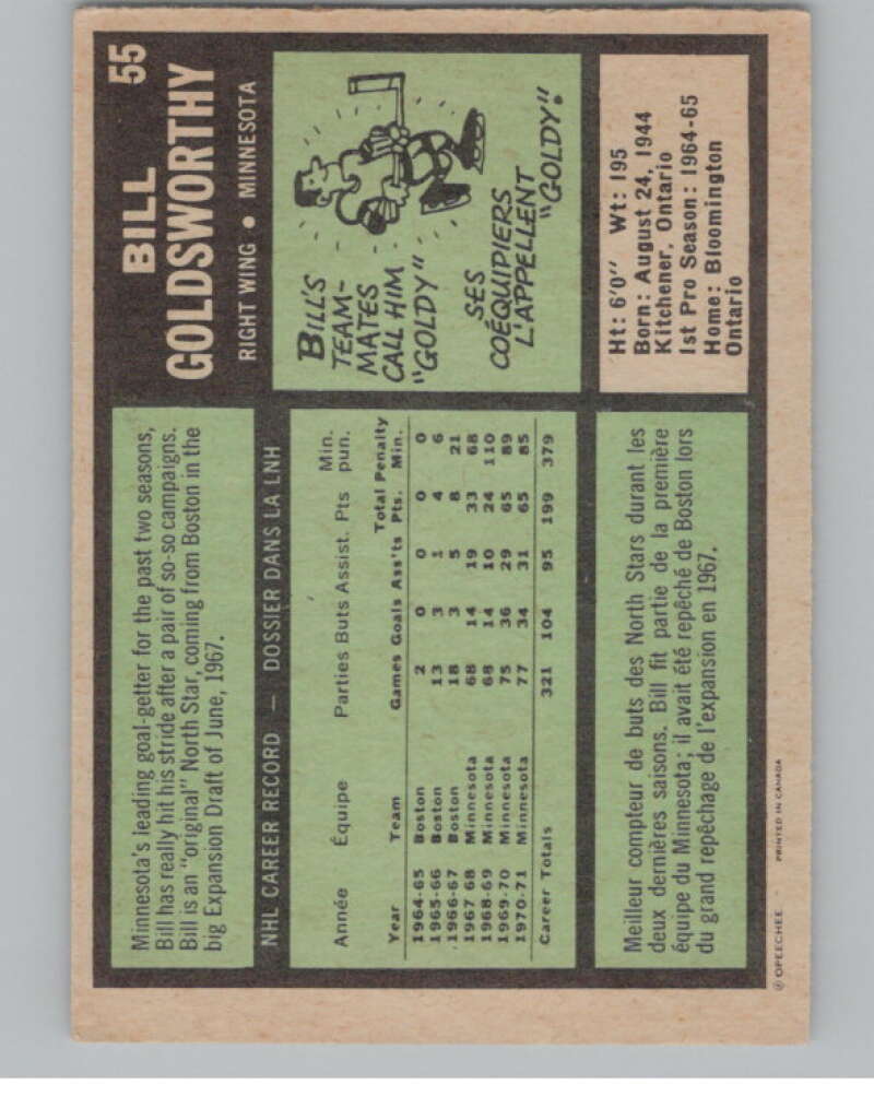1971-72 O-Pee-Chee #55 Bill Goldsworthy  Minnesota North Stars  V99100 Image 2