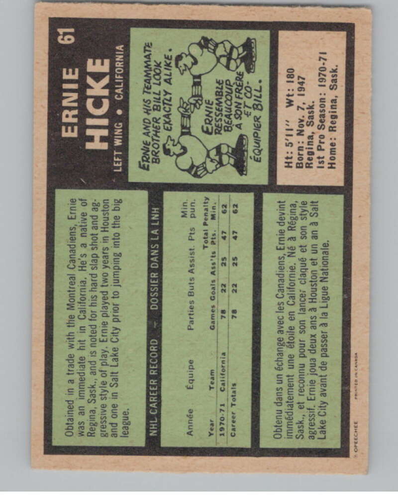 1971-72 O-Pee-Chee #61 Ernie Hicke RC Rookie Golden Seals  V99104 Image 2