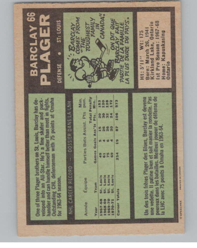 1971-72 O-Pee-Chee #66 Barclay Plager  St. Louis Blues  V99108 Image 2