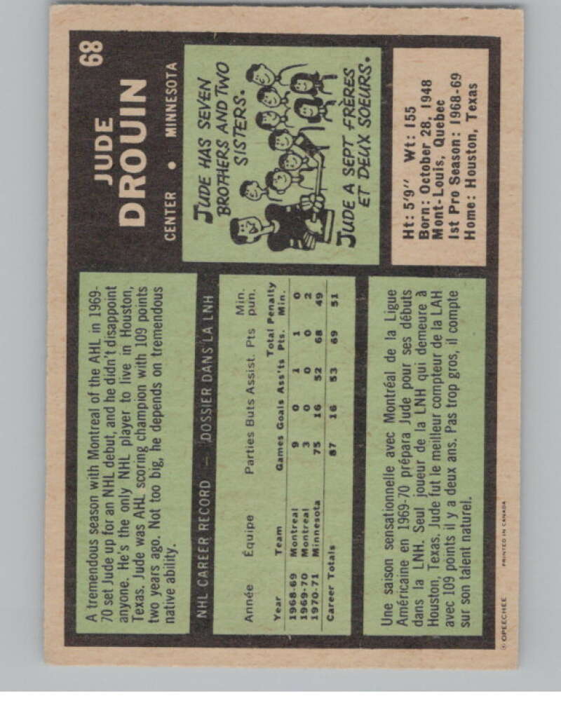 1971-72 O-Pee-Chee #68 Jude Drouin  Minnesota North Stars  V99109 Image 2