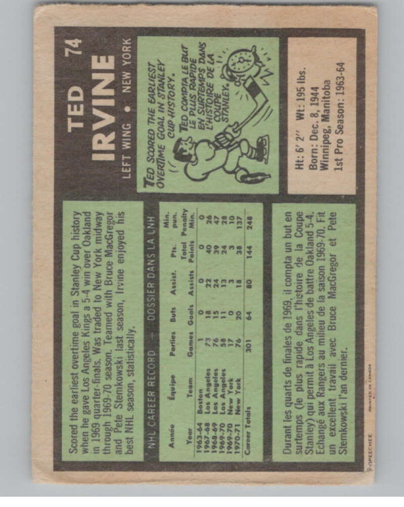 1971-72 O-Pee-Chee #74 Ted Irvine  New York Rangers  V99112 Image 2