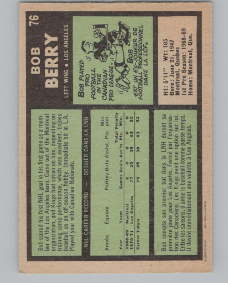 1971-72 O-Pee-Chee #76 Bob Berry RC Rookie Los Angeles Kings  V99114 Image 2