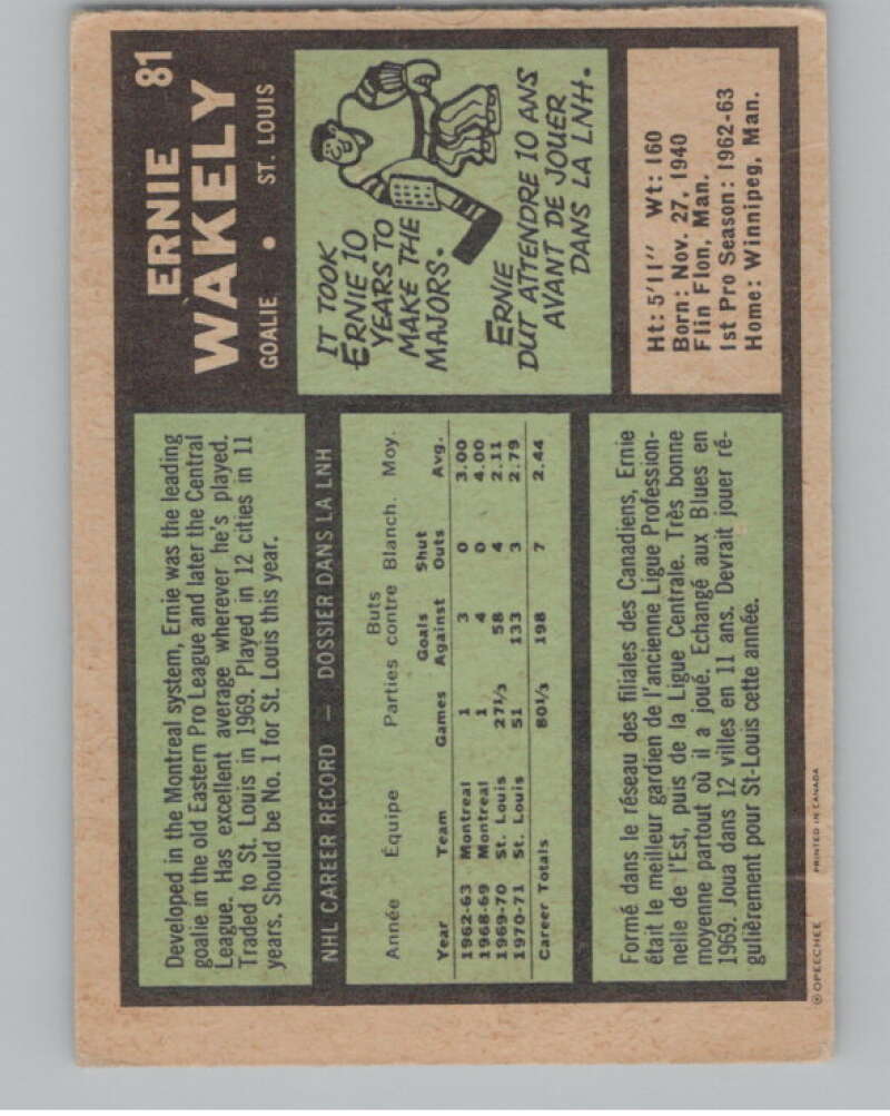 1971-72 O-Pee-Chee #81 Ernie Wakely  St. Louis Blues  V99117 Image 2