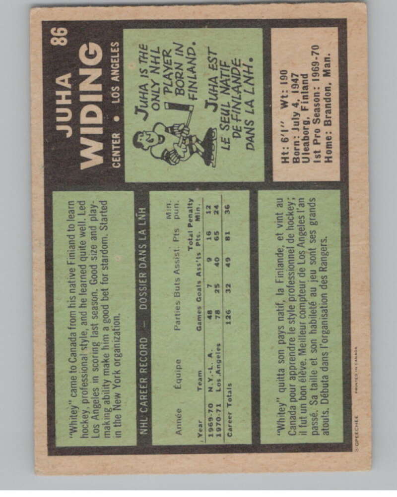 1971-72 O-Pee-Chee #86 Juha Widing RC Rookie Los Angeles Kings  V99119 Image 2
