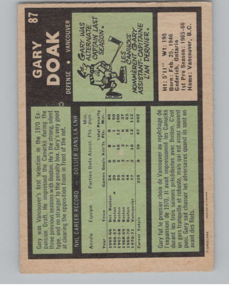 1971-72 O-Pee-Chee #87 Gary Doak  Vancouver Canucks  V99120 Image 2
