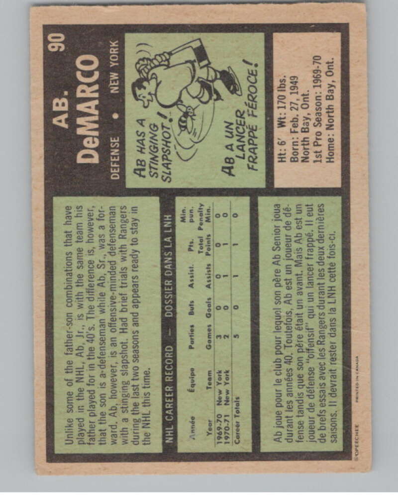 1971-72 O-Pee-Chee #90 Ab DeMarco  RC Rookie New York Rangers  V99123 Image 2