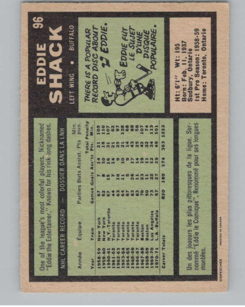 1971-72 O-Pee-Chee #96 Eddie Shack  Buffalo Sabres  V99127 Image 2