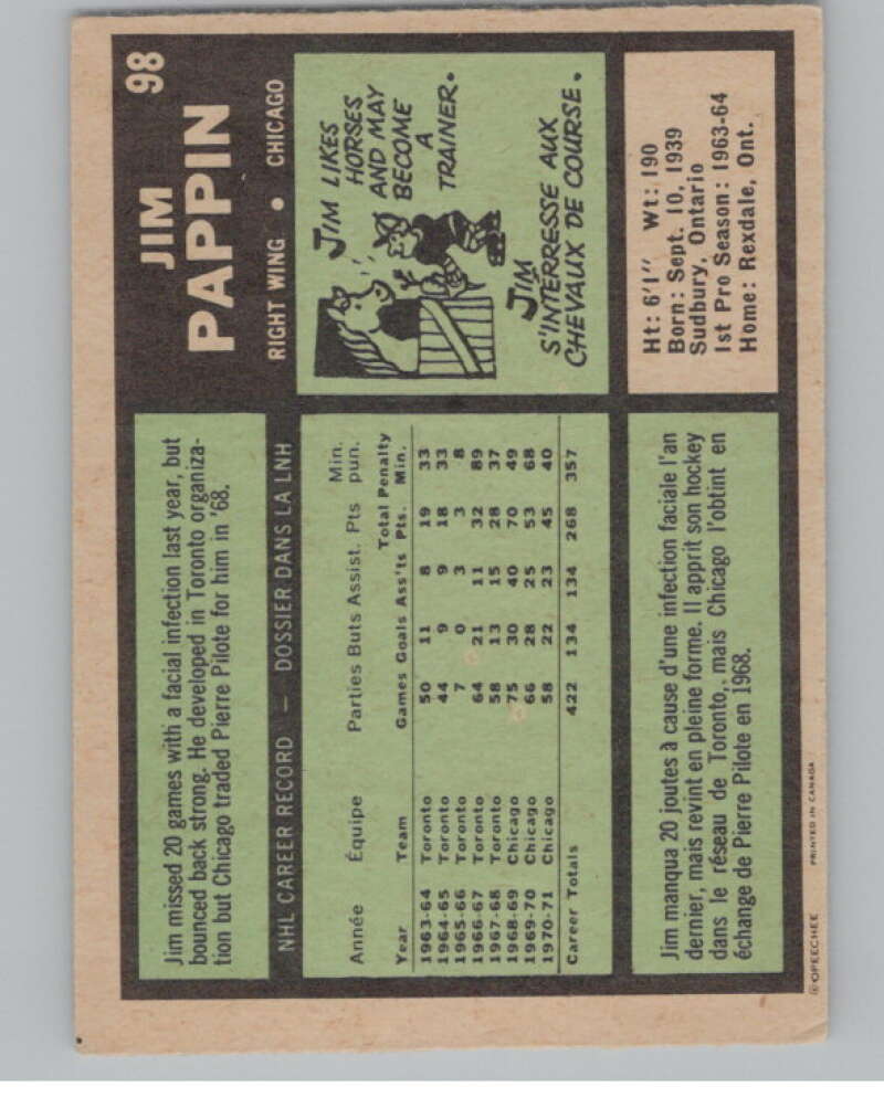 1971-72 O-Pee-Chee #98 Jim Pappin  Chicago Blackhawks  V99129 Image 2