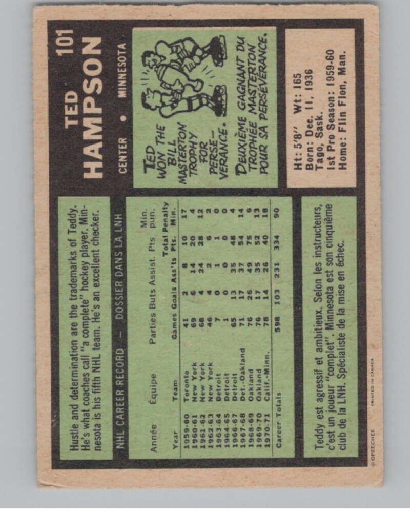 1971-72 O-Pee-Chee #101 Ted Hampson  Minnesota North Stars  V99131 Image 2