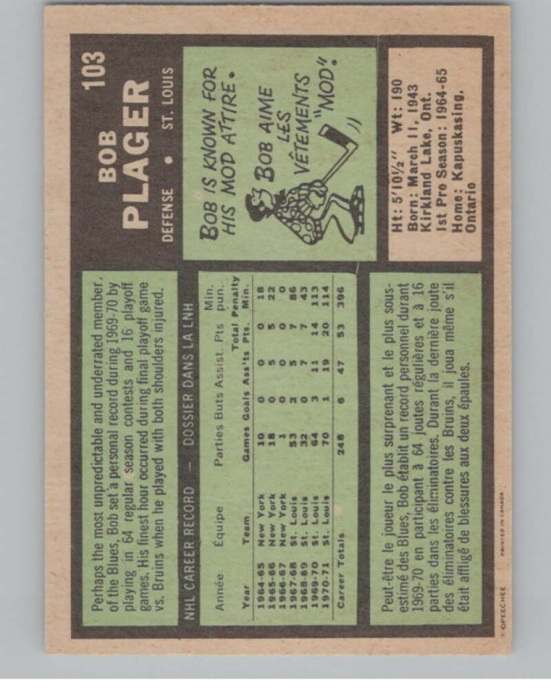 1971-72 O-Pee-Chee #103 Bob Plager UER  St. Louis Blues  V99132 Image 2