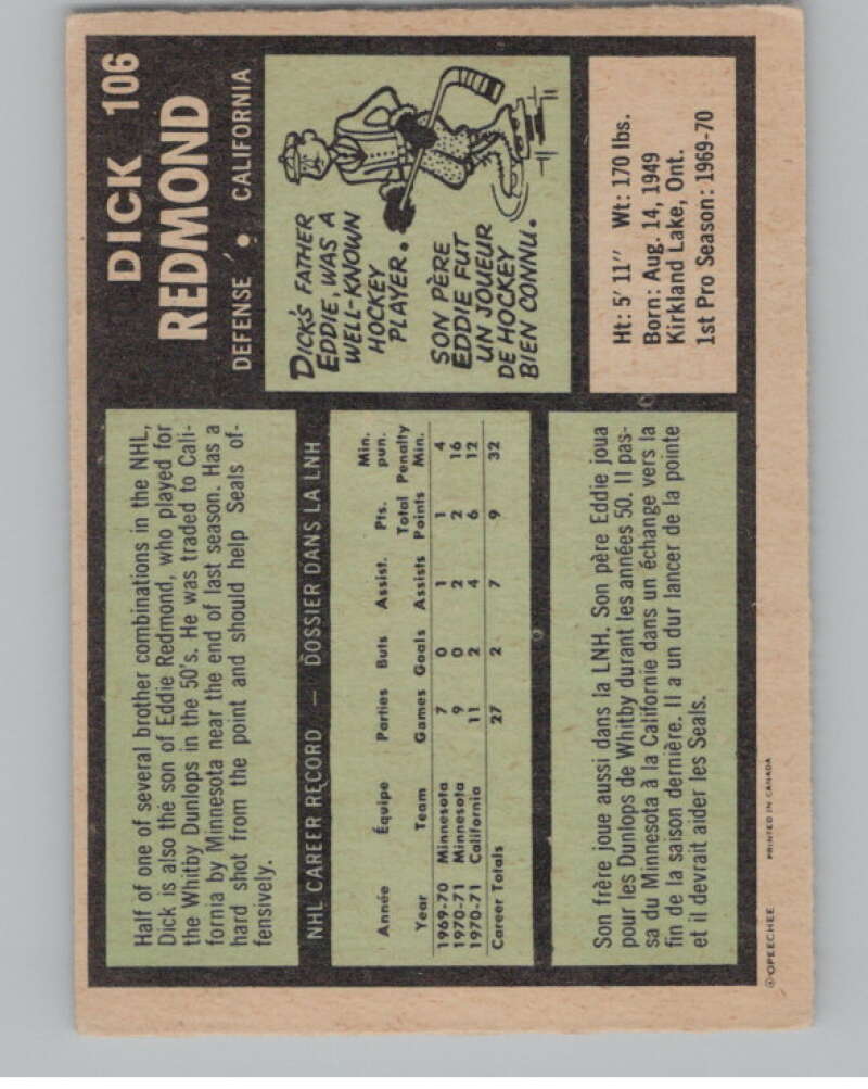 1971-72 O-Pee-Chee #106 Dick Redmond RC Rookie Golden Seals  V99134 Image 2