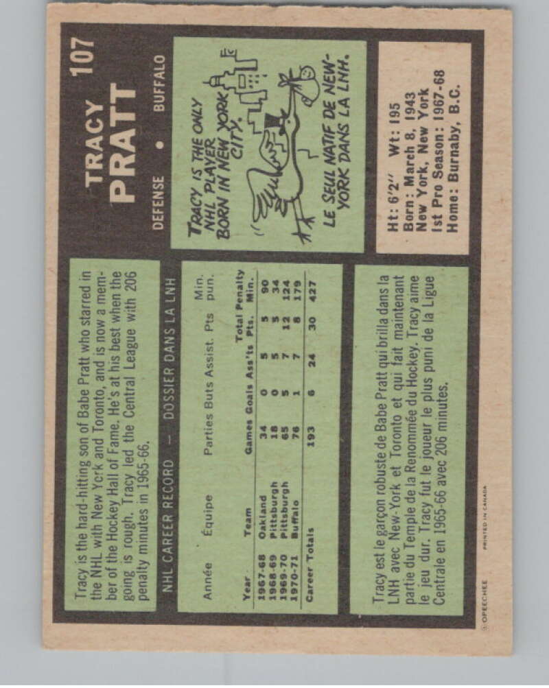 1971-72 O-Pee-Chee #107 Tracy Pratt  Buffalo Sabres  V99135 Image 2