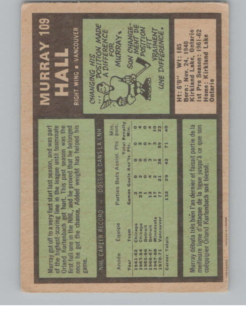 1971-72 O-Pee-Chee #109 Murray Hall  Vancouver Canucks  V99137 Image 2