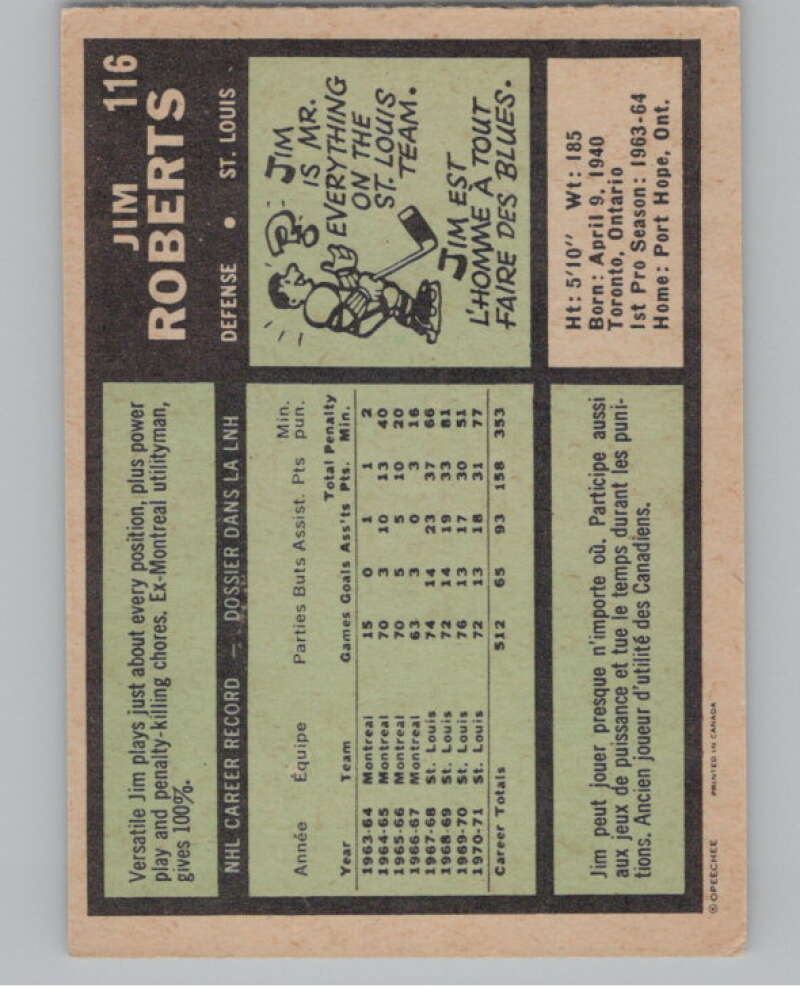 1971-72 O-Pee-Chee #116 Jim Roberts  St. Louis Blues  V99139 Image 2