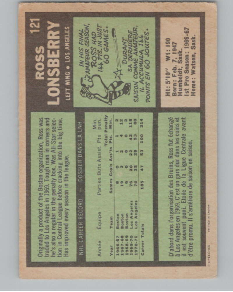 1971-72 O-Pee-Chee #121 Ross Lonsberry  Los Angeles Kings  V99141 Image 2