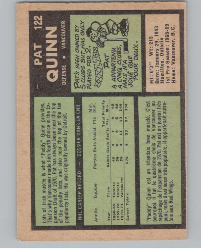 1971-72 O-Pee-Chee #122 Pat Quinn  Vancouver Canucks  V99142 Image 2