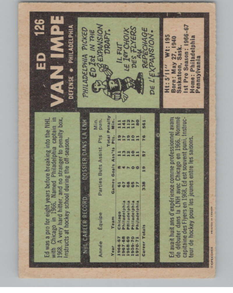 1971-72 O-Pee-Chee #126 Ed Van Impe  Philadelphia Flyers  V99144 Image 2