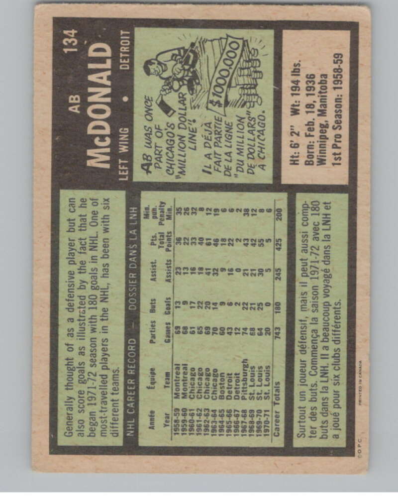 1971-72 O-Pee-Chee #134 Ab McDonald  Detroit Red Wings  V99148 Image 2
