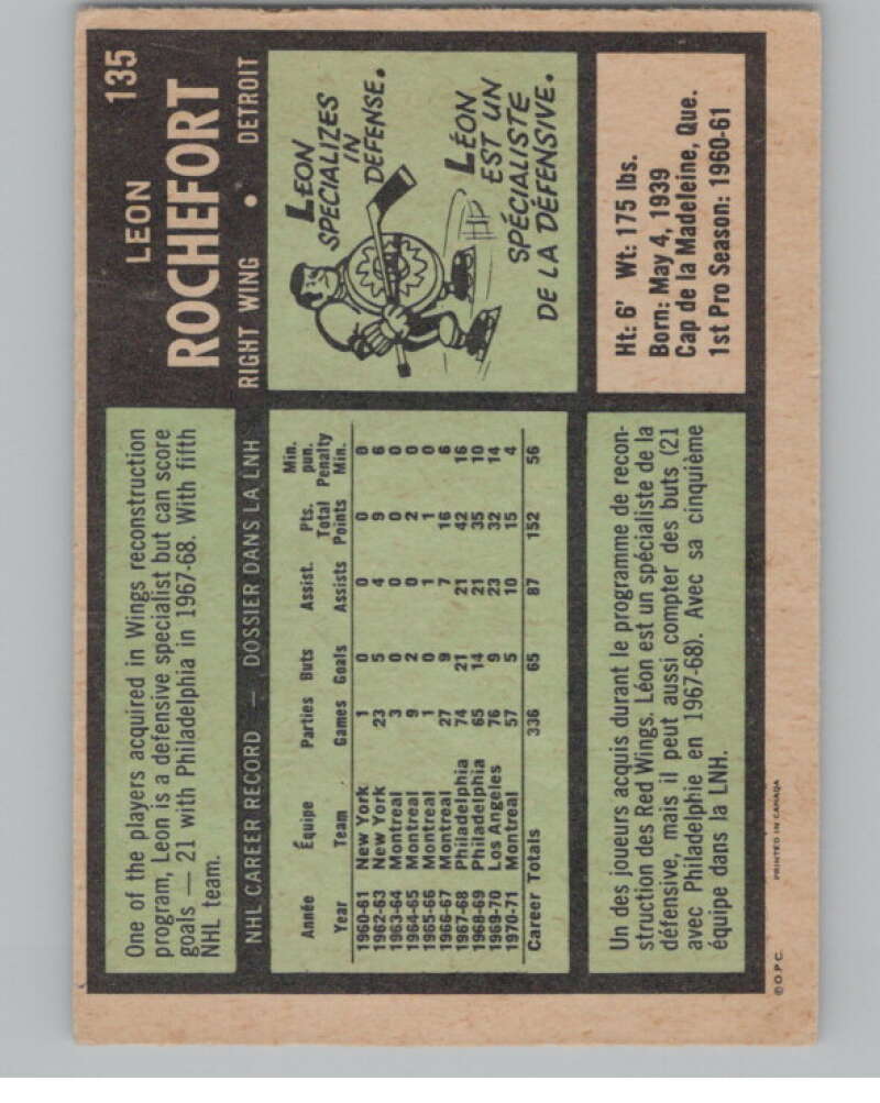 1971-72 O-Pee-Chee #135 Leon Rochefort  Detroit Red Wings  V99149 Image 2