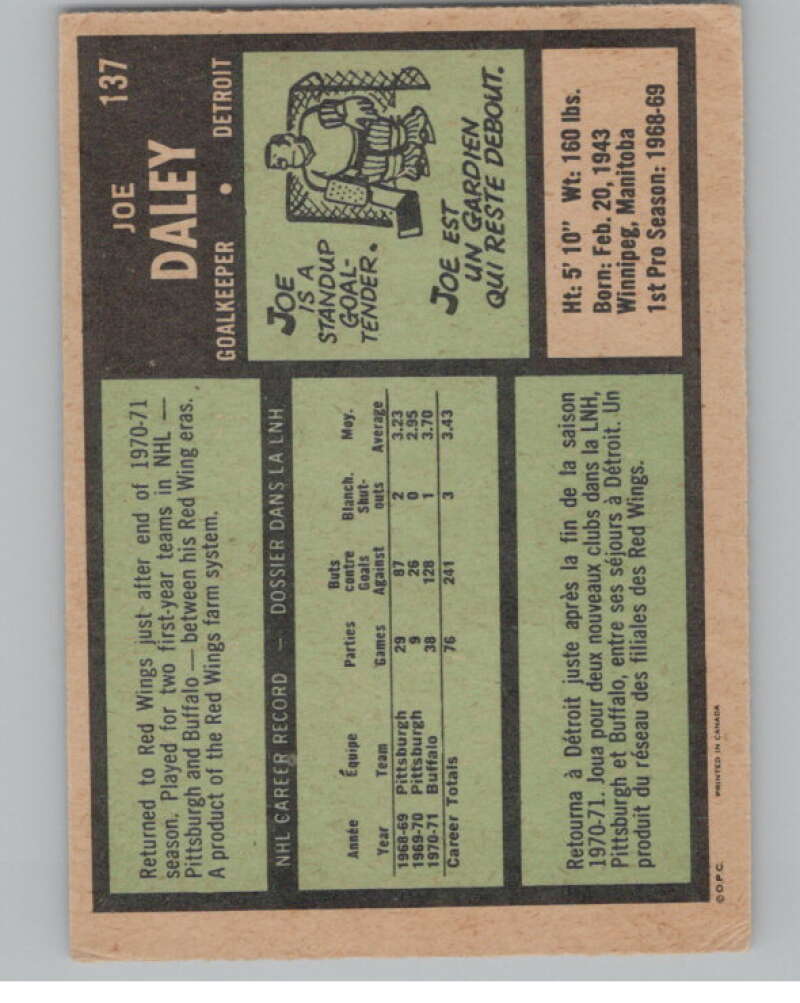 1971-72 O-Pee-Chee #137 Joe Daley  Detroit Red Wings  V99151 Image 2