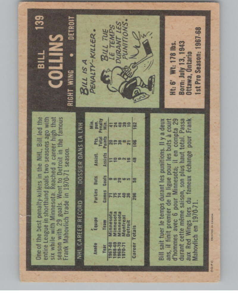 1971-72 O-Pee-Chee #139 Bill Collins  Detroit Red Wings  V99152 Image 2