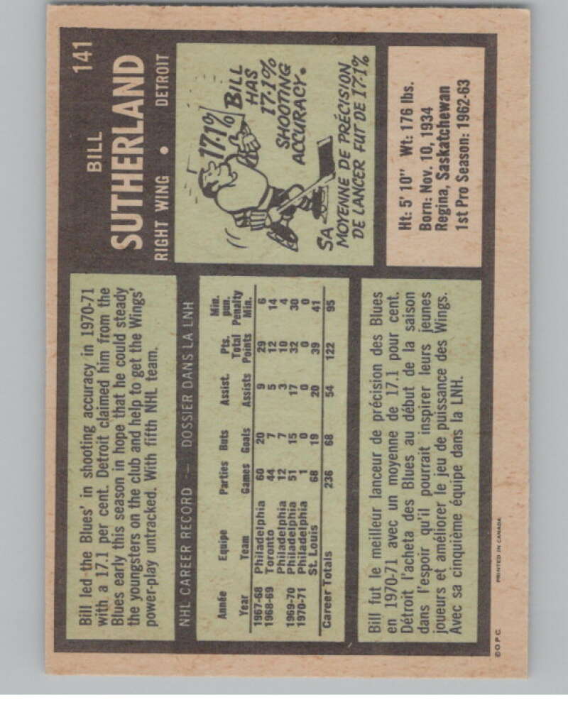 1971-72 O-Pee-Chee #141 Bill Sutherland  Detroit Red Wings  V99153 Image 2