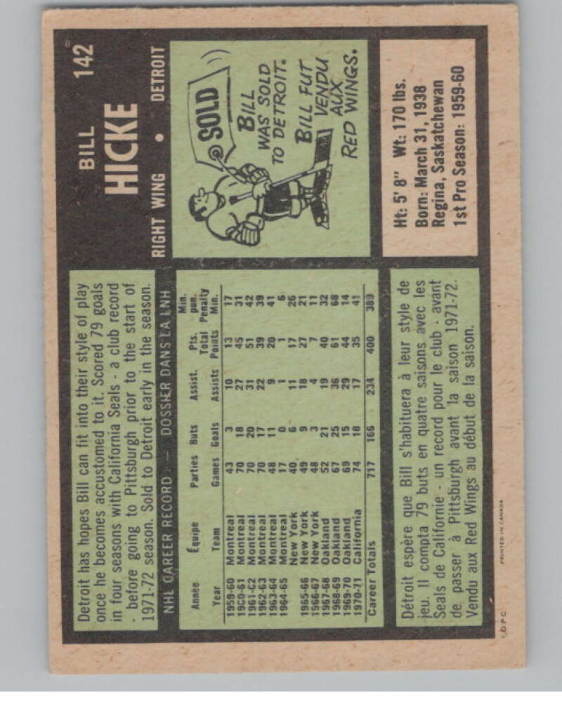 1971-72 O-Pee-Chee #142 Bill Hicke  Detroit Red Wings  V99154 Image 2