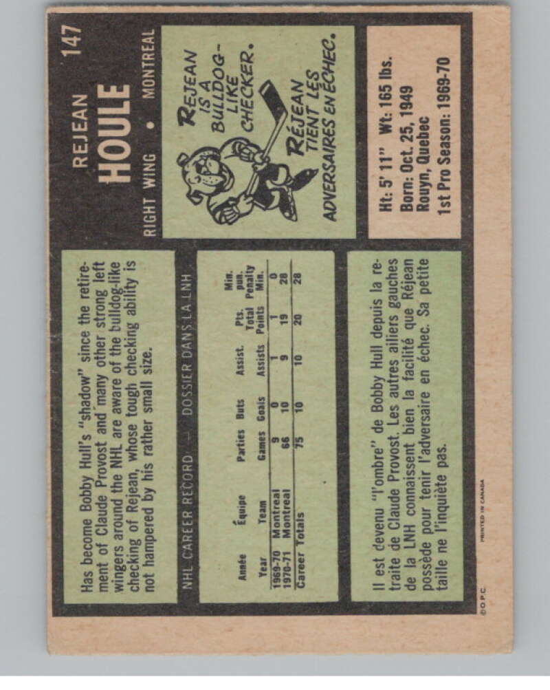 1971-72 O-Pee-Chee #147 Rejean Houle  Montreal Canadiens  V99157 Image 2